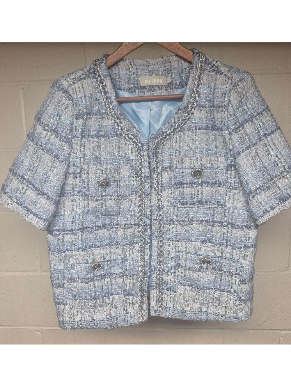 im Ding Women's Blue and White Tweed Short Sleeve Jacket with Decorative Buttons